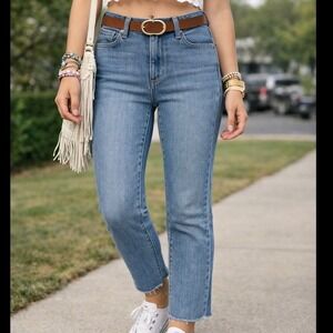 Old Navy Mid Rise Cropped Straight Leg Jeans Blue Denim Raw Hem Size 4